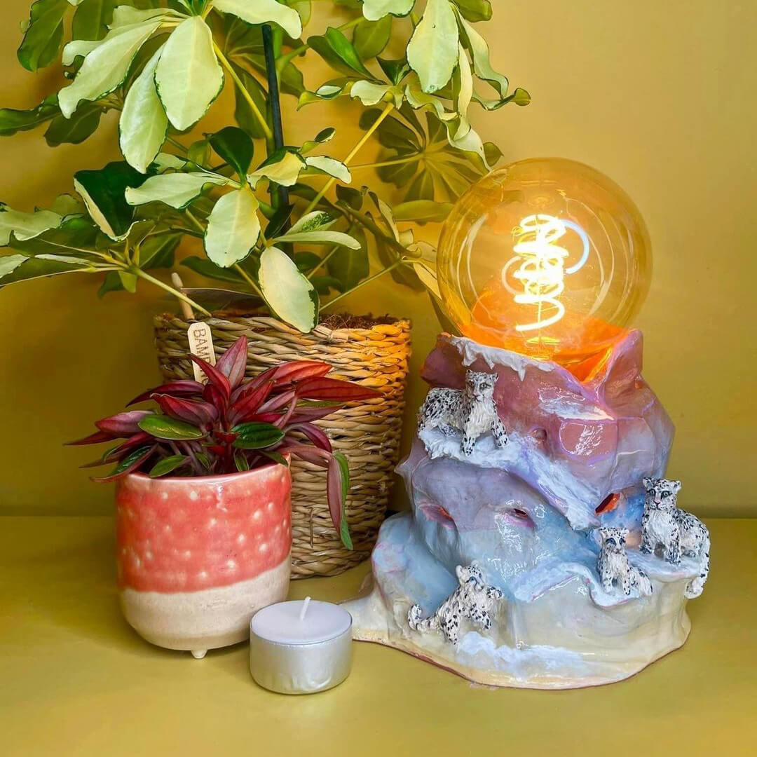 Handmade Ceramic Snow Leopard Lamp