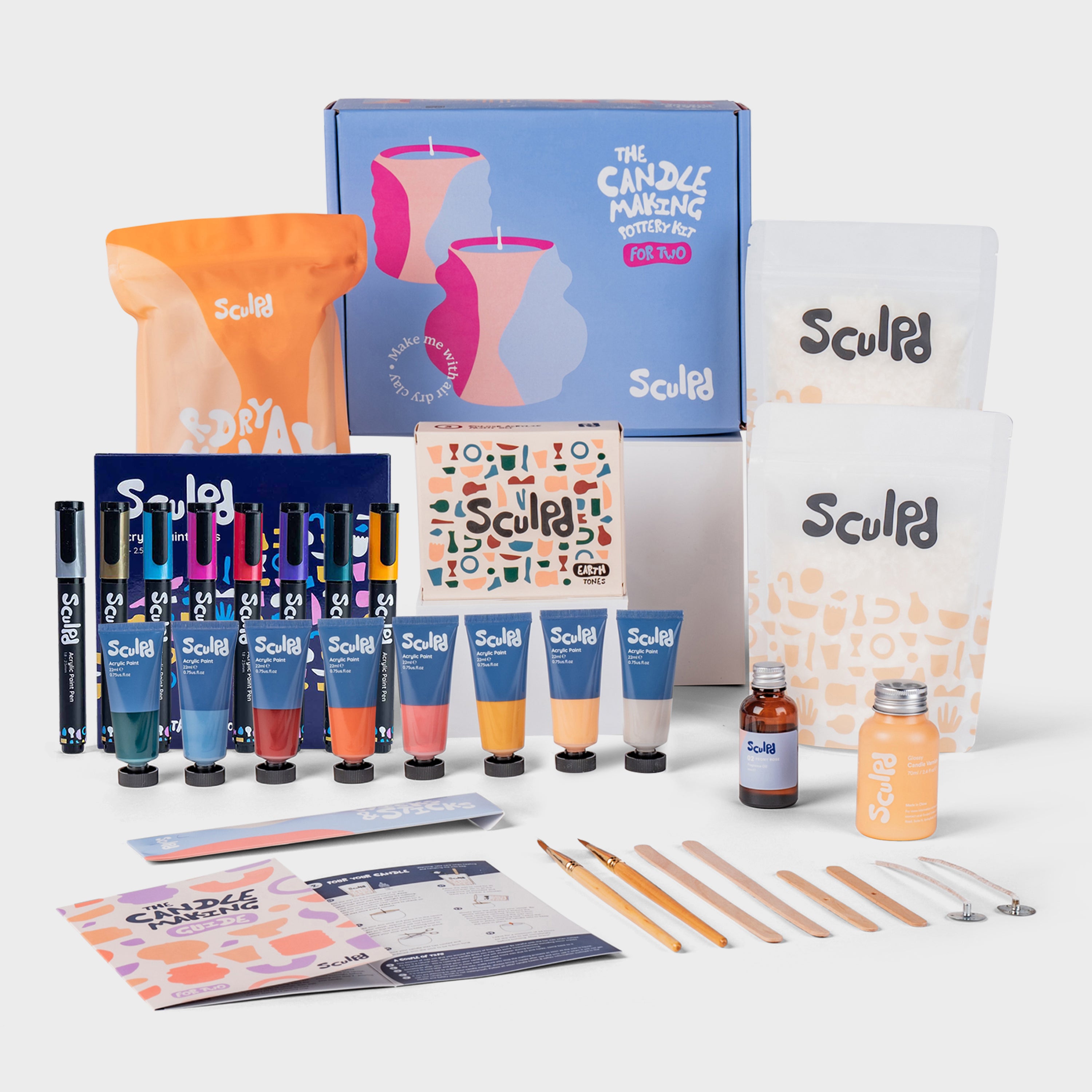 Sculpd candle making kit for two with varnish, earth paints, and metallic pens set