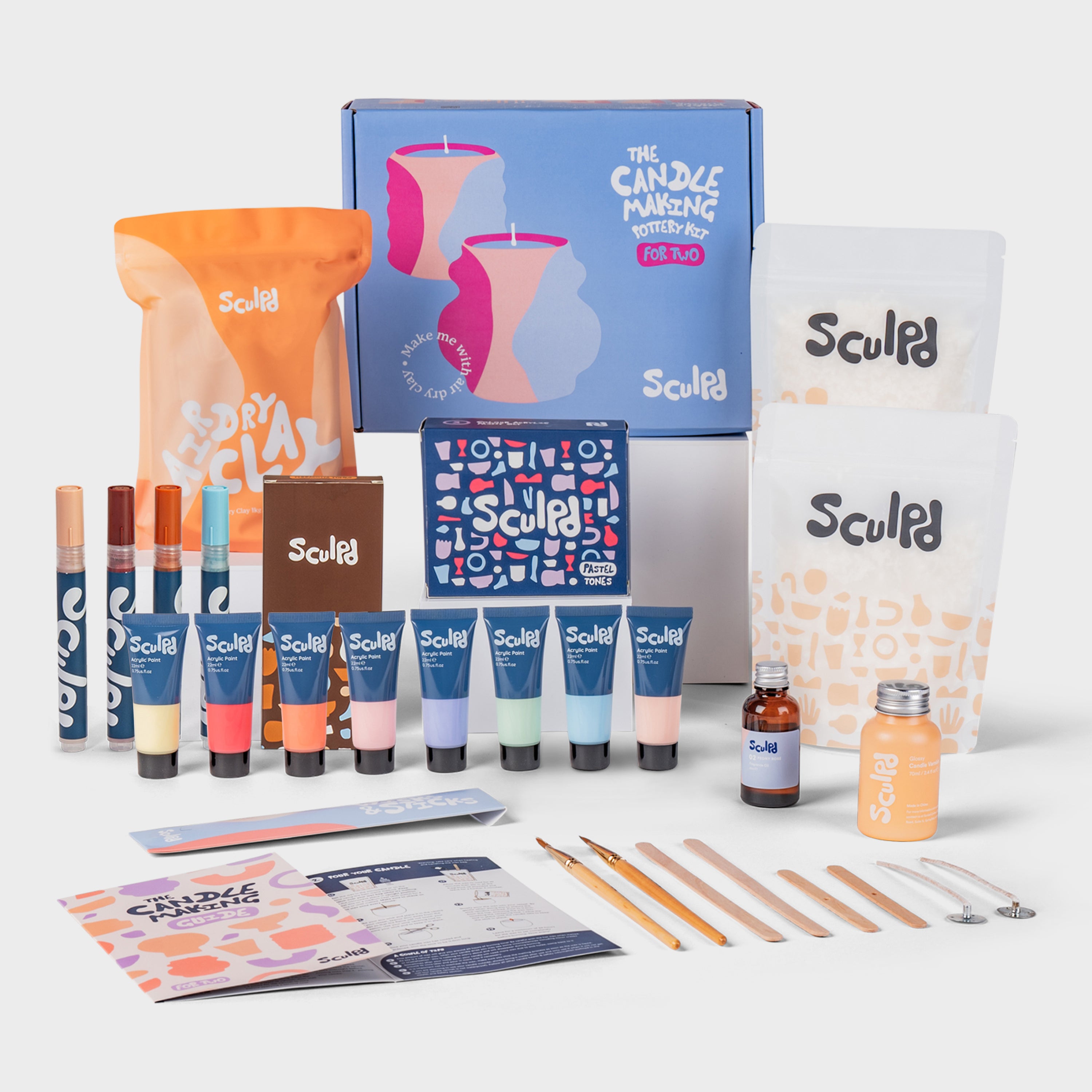 Sculpd candle making kit for two with pastel paints, and terracotta pens set
