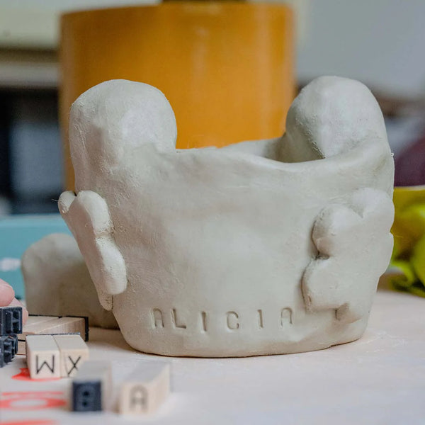 Clay pot with engraved name with Sculpd kids pottery kit